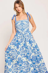 AZURE SCROLL WOVEN MIDI DRESS - Flying Tomato - Flyclothing LLC