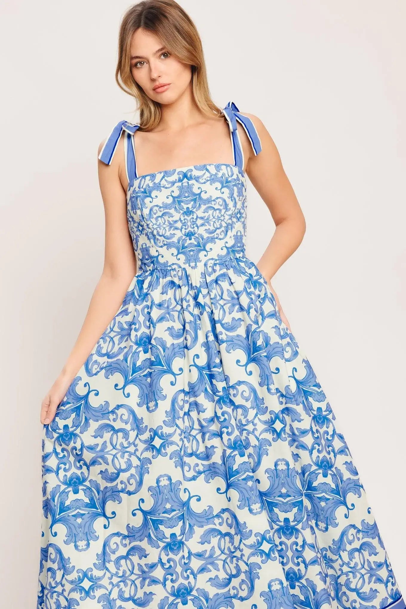 AZURE SCROLL WOVEN MIDI DRESS - Flying Tomato - Flyclothing LLC