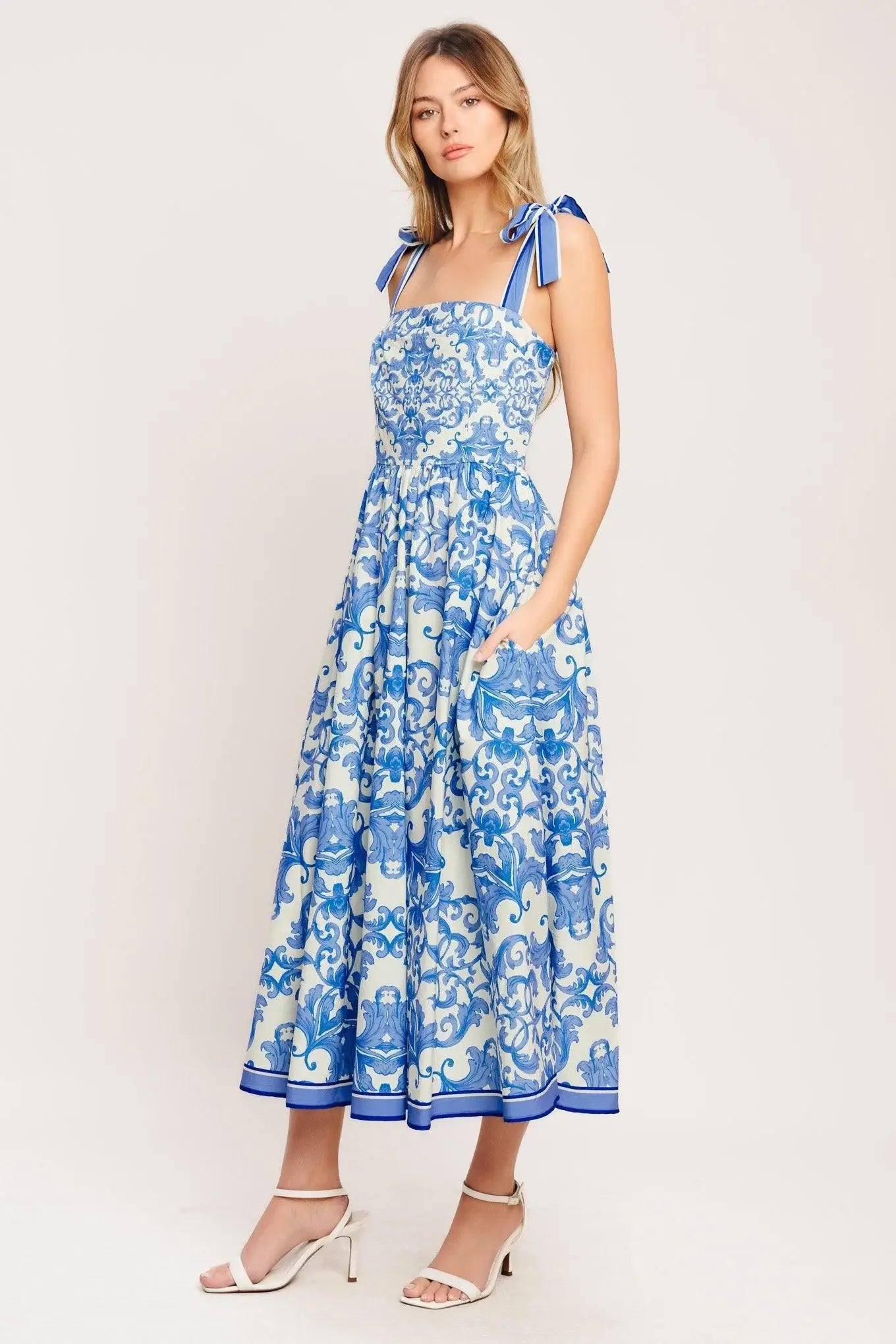 AZURE SCROLL WOVEN MIDI DRESS - Flying Tomato - Flyclothing LLC