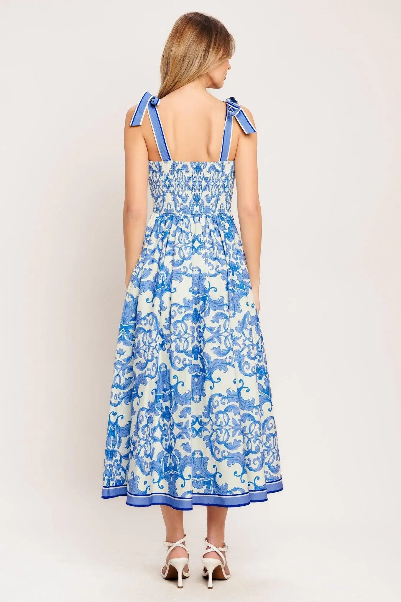 AZURE SCROLL WOVEN MIDI DRESS - Flying Tomato - Flyclothing LLC