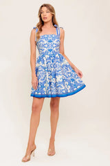FLORENCE DAYS FLORAL BLUE WOVEN MINI DRESS - Flying Tomato - Flyclothing LLC