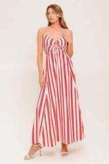 DREAM PETALS RED STRIPE WOVEN ANKLE DRESS - Flying Tomato - Flyclothing LLC