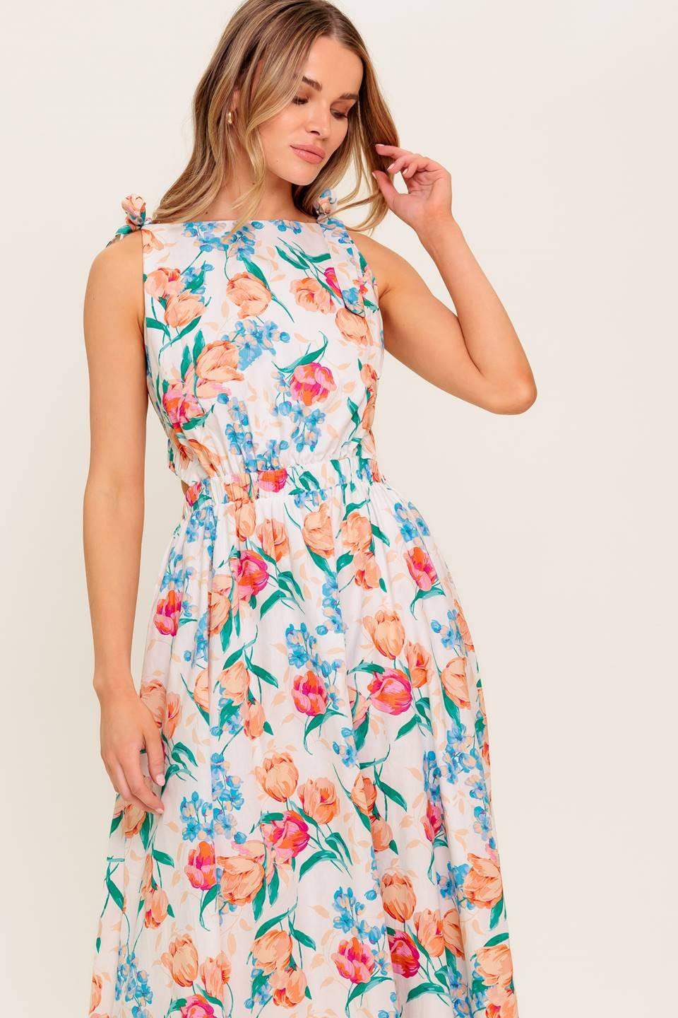 WHISPERING FLORA WOVEN MIDI DRESS - Flying Tomato - Flyclothing LLC