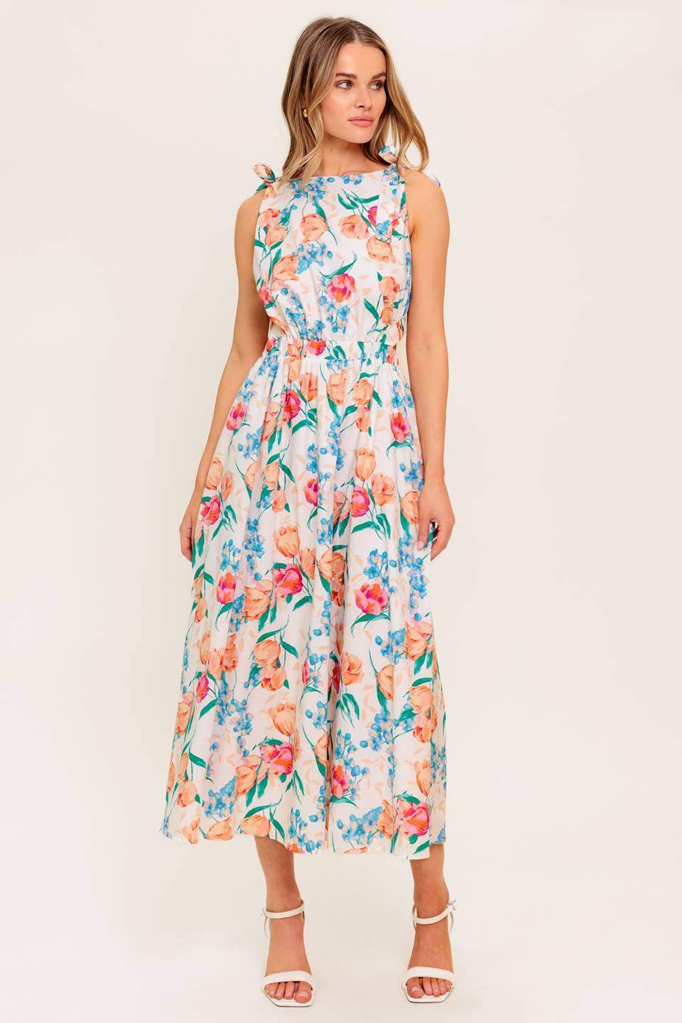 WHISPERING FLORA WOVEN MIDI DRESS - Flying Tomato - Flyclothing LLC