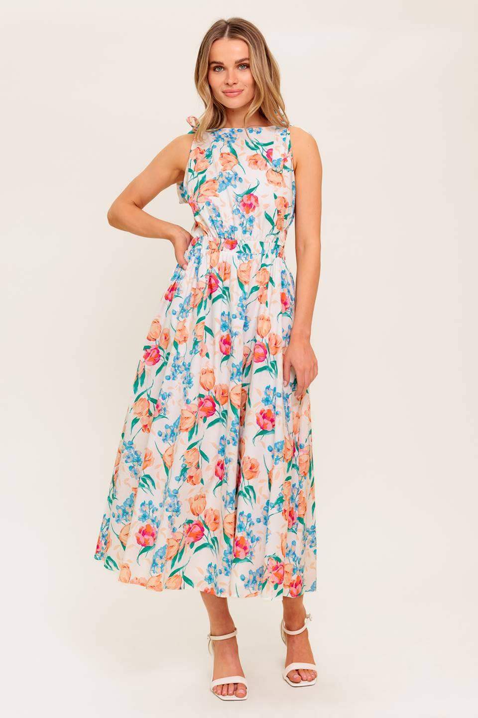 WHISPERING FLORA WOVEN MIDI DRESS - Flying Tomato - Flyclothing LLC