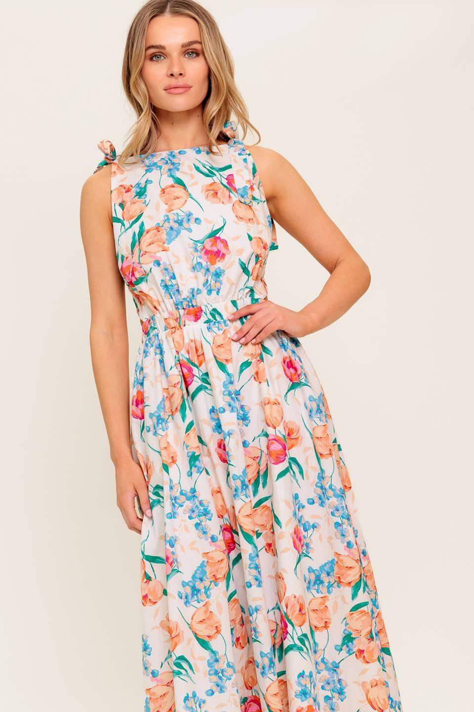WHISPERING FLORA WOVEN MIDI DRESS - Flying Tomato - Flyclothing LLC