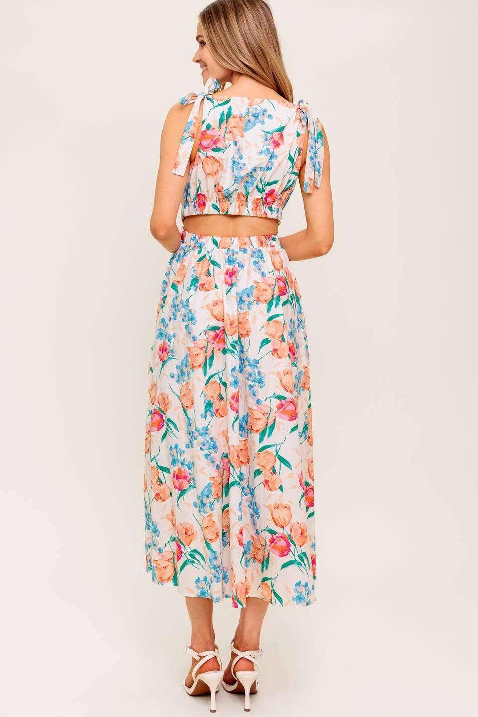 WHISPERING FLORA WOVEN MIDI DRESS - Flying Tomato - Flyclothing LLC