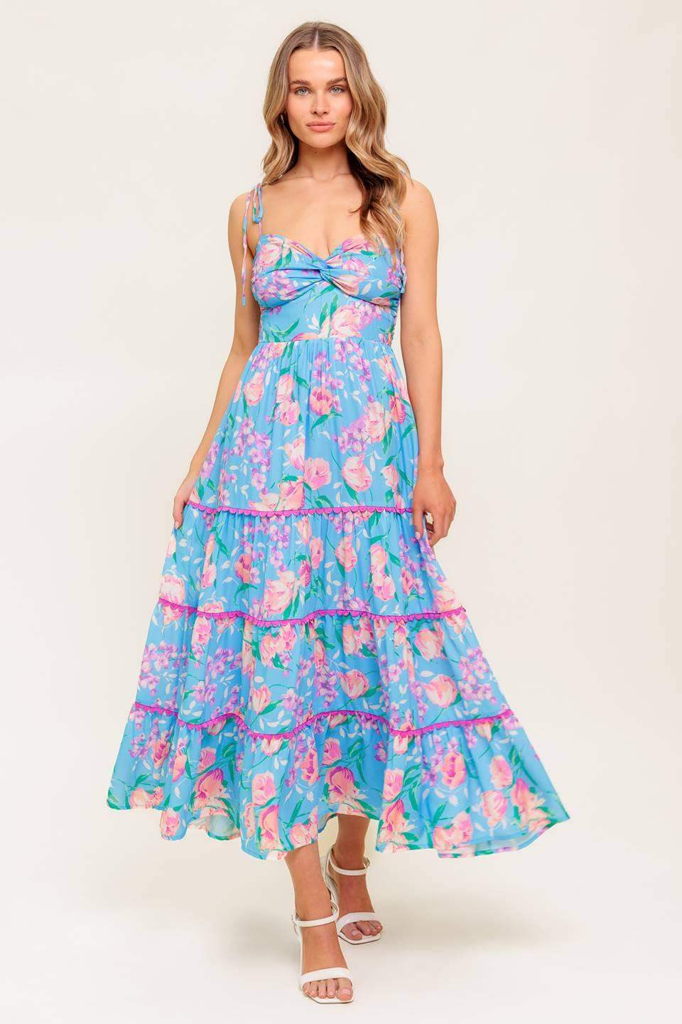 SOFT BLOOM BLUE WOVEN MIDI DRESS - Flying Tomato - Flyclothing LLC