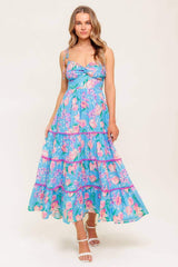SOFT BLOOM BLUE WOVEN MIDI DRESS - Flying Tomato - Flyclothing LLC