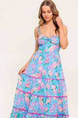 SOFT BLOOM BLUE WOVEN MIDI DRESS - Flying Tomato - Flyclothing LLC