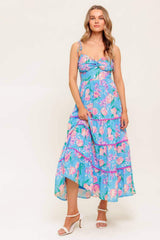 SOFT BLOOM BLUE WOVEN MIDI DRESS - Flying Tomato - Flyclothing LLC