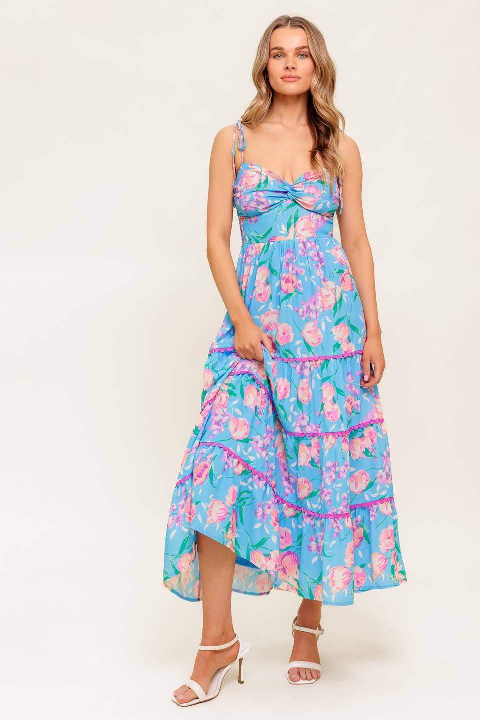 SOFT BLOOM BLUE WOVEN MIDI DRESS - Flying Tomato - Flyclothing LLC