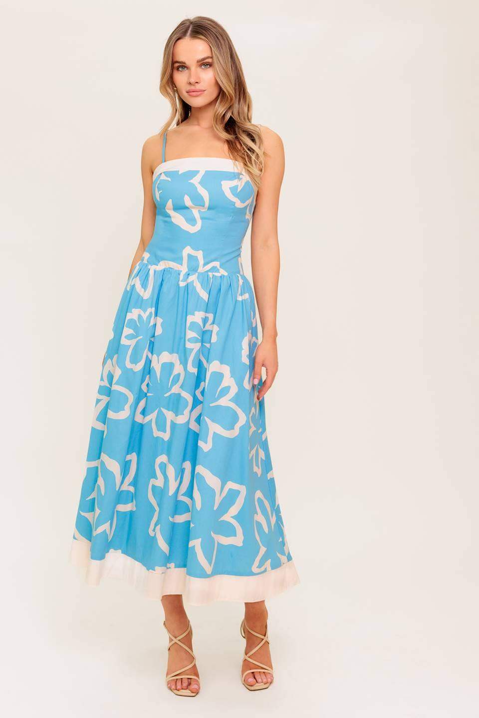 SERENE PETALS BLUE WOVEN MIDI DRESS - Flying Tomato - Flyclothing LLC