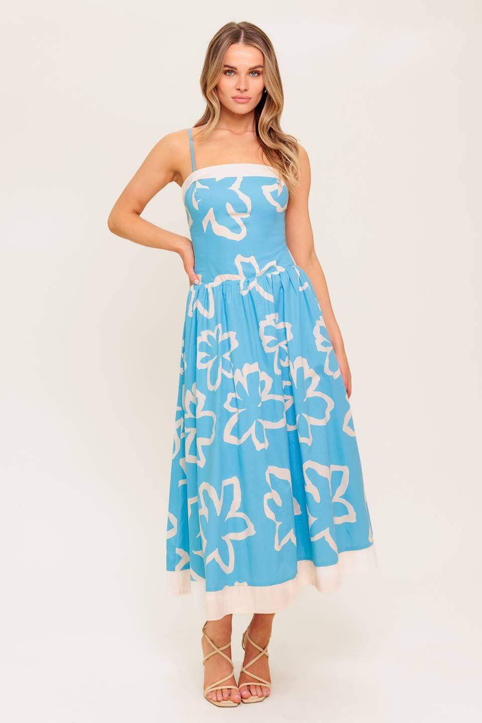 SERENE PETALS BLUE WOVEN MIDI DRESS - Flying Tomato - Flyclothing LLC