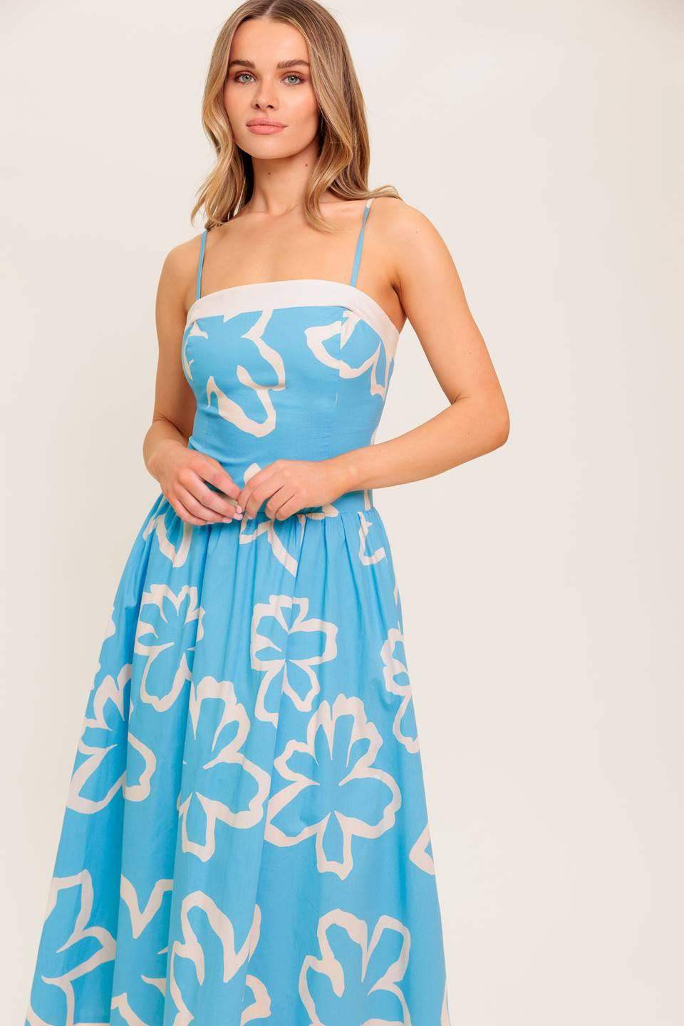 SERENE PETALS BLUE WOVEN MIDI DRESS - Flying Tomato - Flyclothing LLC