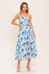 ROSY MOOD FLORAL WOVEN MIDI DRESS - Flying Tomato - Flyclothing LLC