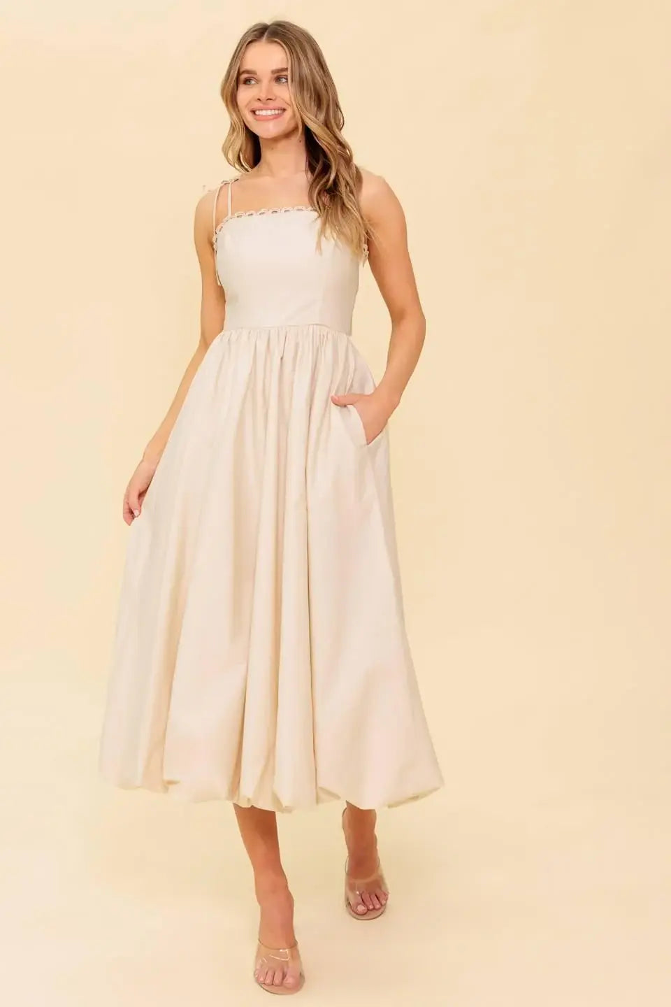 REGAL CUTIE CREAM WOVEN MIDI DRESS - Flying Tomato - Flyclothing LLC