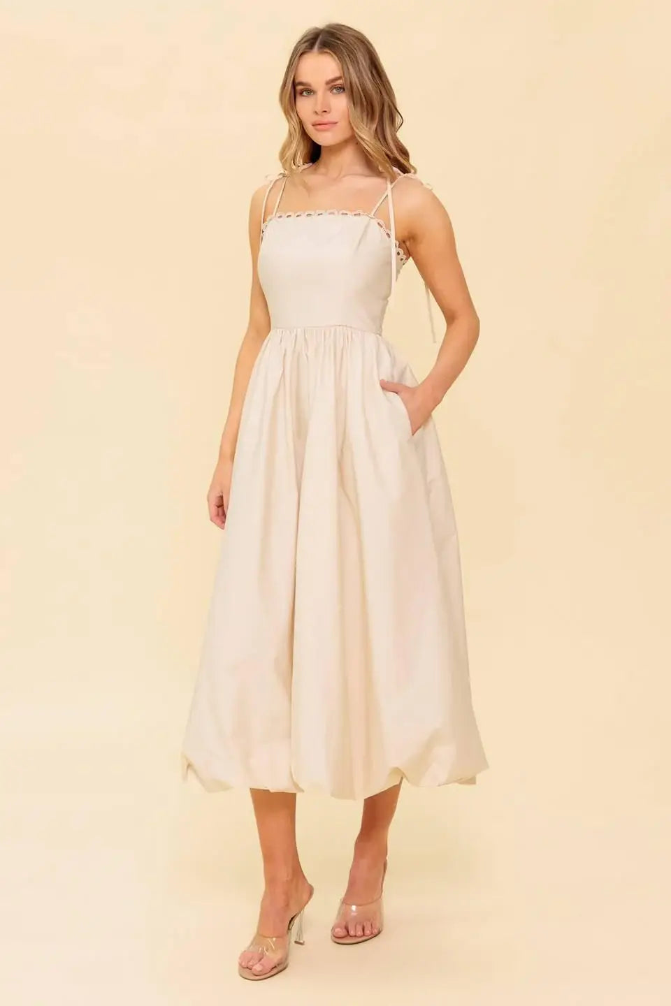 REGAL CUTIE CREAM WOVEN MIDI DRESS - Flying Tomato - Flyclothing LLC