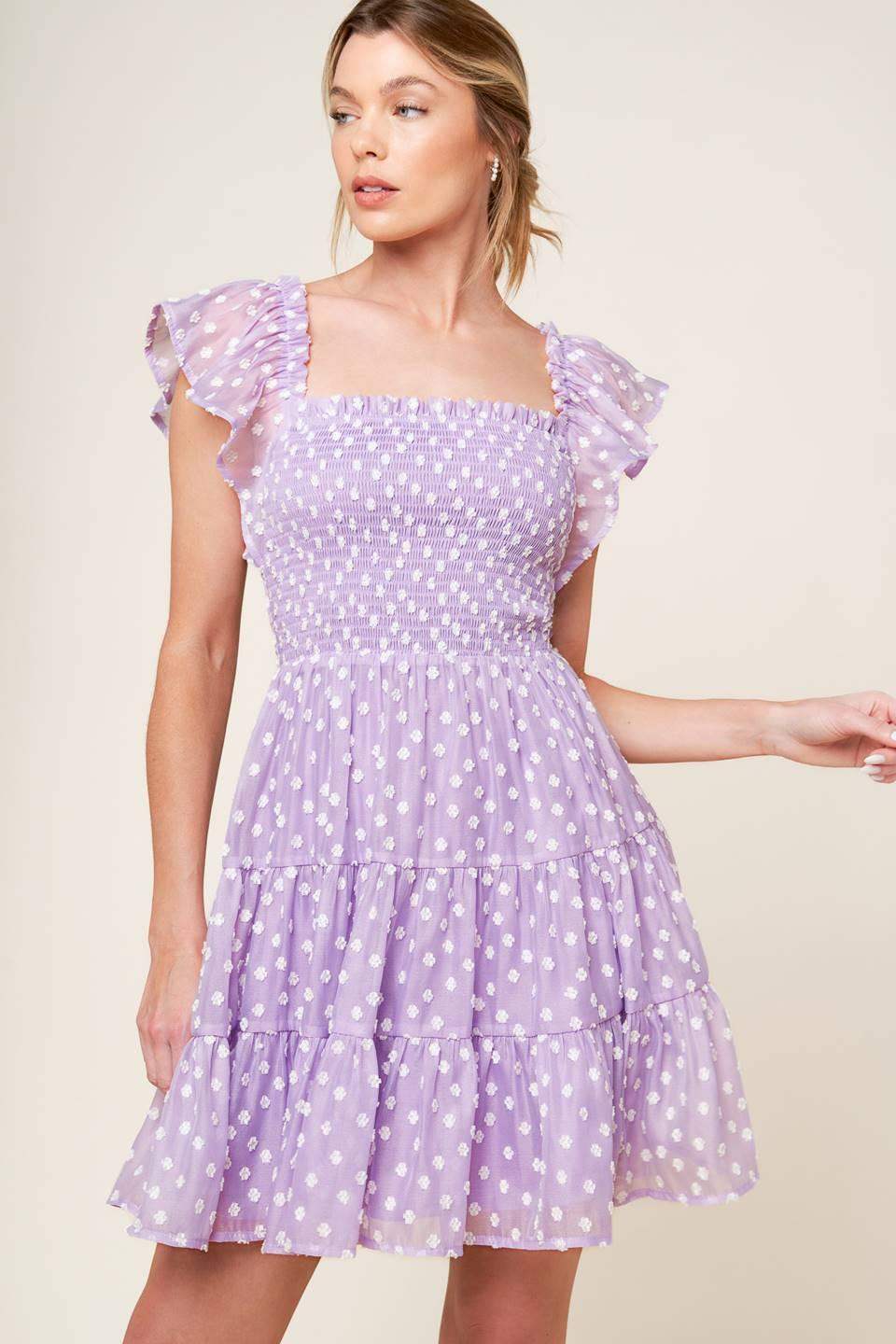 PLAYFULLY POSH LAVENDER WOVEN MINI DRESS - Flying Tomato - Flyclothing LLC