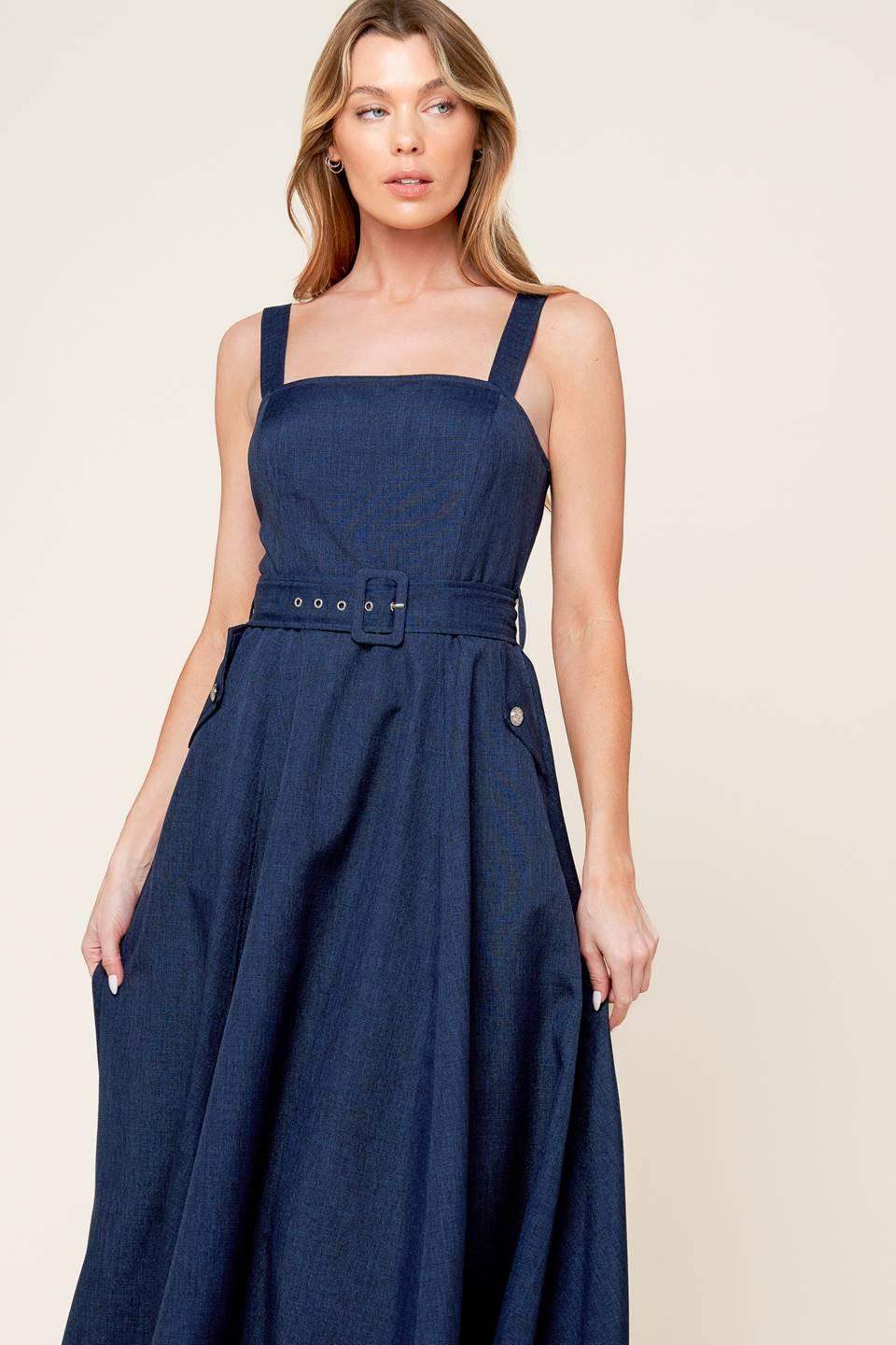 RAULAND NAVY WOVEN MIDI DRESS - Flying Tomato - Flyclothing LLC