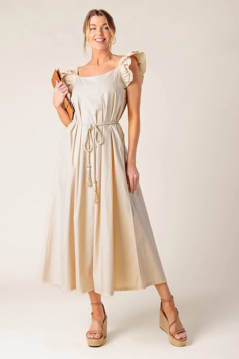 CHAMPAGNE TOAST TAUPE WOVEN MIDI DRESS - Flying Tomato - Flyclothing LLC