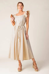 CHAMPAGNE TOAST TAUPE WOVEN MIDI DRESS - Flying Tomato - Flyclothing LLC