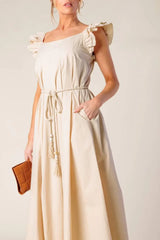 CHAMPAGNE TOAST TAUPE WOVEN MIDI DRESS - Flying Tomato - Flyclothing LLC
