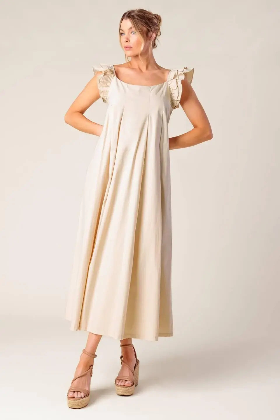 CHAMPAGNE TOAST TAUPE WOVEN MIDI DRESS - Flying Tomato - Flyclothing LLC