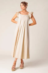 CHAMPAGNE TOAST TAUPE WOVEN MIDI DRESS - Flying Tomato - Flyclothing LLC