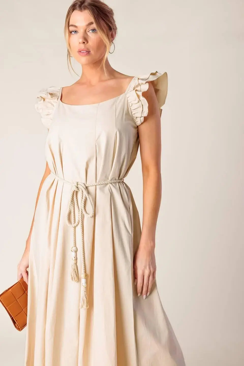 CHAMPAGNE TOAST TAUPE WOVEN MIDI DRESS - Flying Tomato - Flyclothing LLC