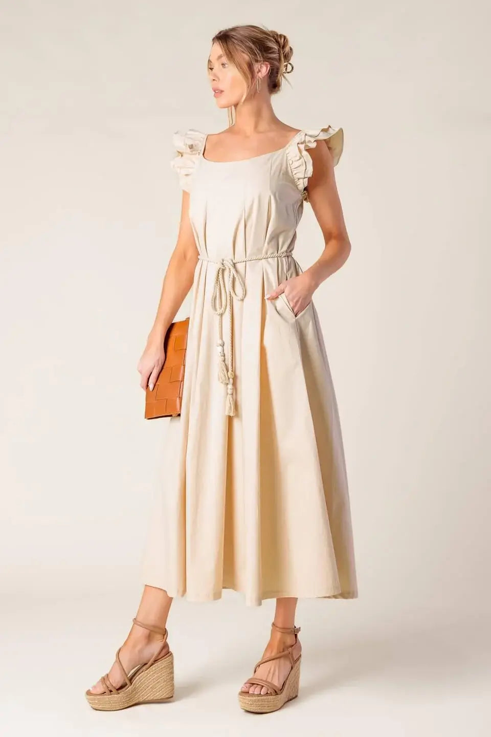 CHAMPAGNE TOAST TAUPE WOVEN MIDI DRESS - Flying Tomato - Flyclothing LLC