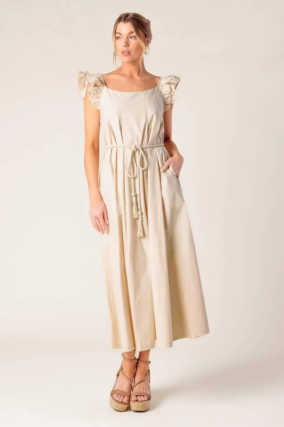 CHAMPAGNE TOAST TAUPE WOVEN MIDI DRESS - Flying Tomato - Flyclothing LLC