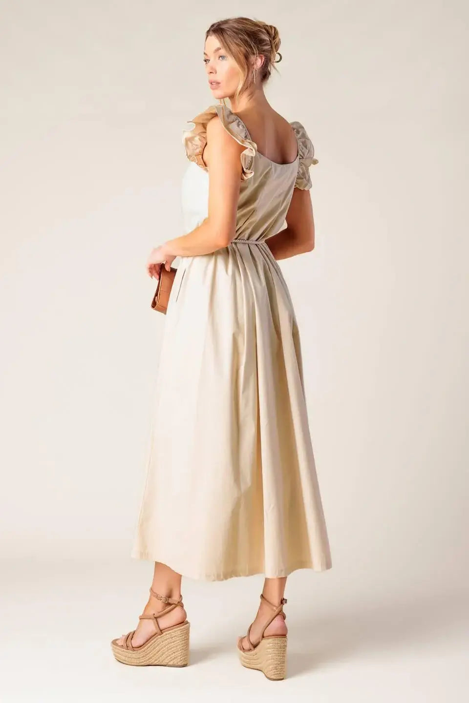 CHAMPAGNE TOAST TAUPE WOVEN MIDI DRESS - Flying Tomato - Flyclothing LLC