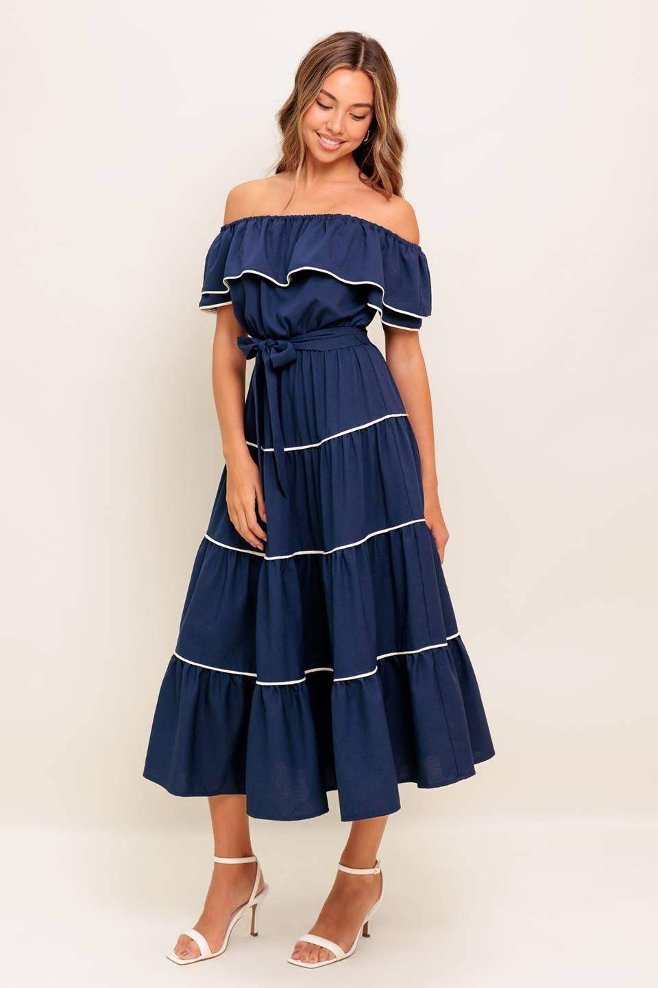 BUTTERCREAM DREAM NAVY WOVEN MIDI DRESS