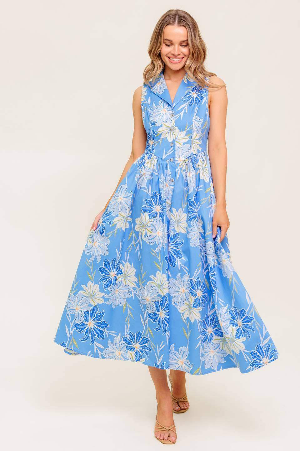 FERN WHISPER BLUE WOVEN MIDI DRESS - Flying Tomato - Flyclothing LLC