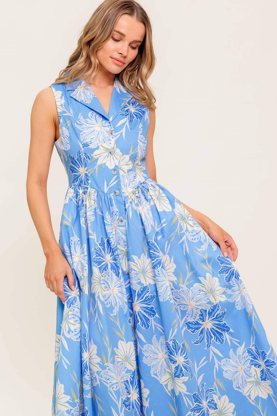 FERN WHISPER BLUE WOVEN MIDI DRESS - Flying Tomato - Flyclothing LLC