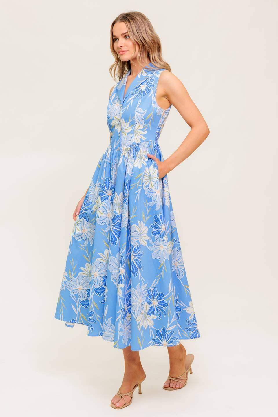 FERN WHISPER BLUE WOVEN MIDI DRESS - Flying Tomato - Flyclothing LLC