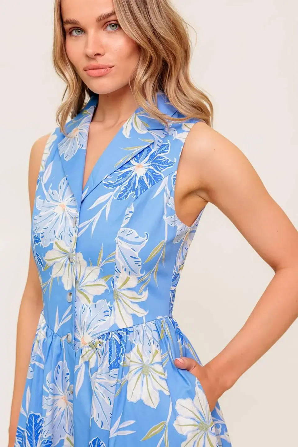 FERN WHISPER BLUE WOVEN MIDI DRESS - Flying Tomato - Flyclothing LLC