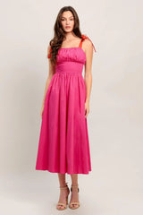 EVENING DELIGHTS FUCHSIA WOVEN MIDI DRESS - Flying Tomato - Flyclothing LLC