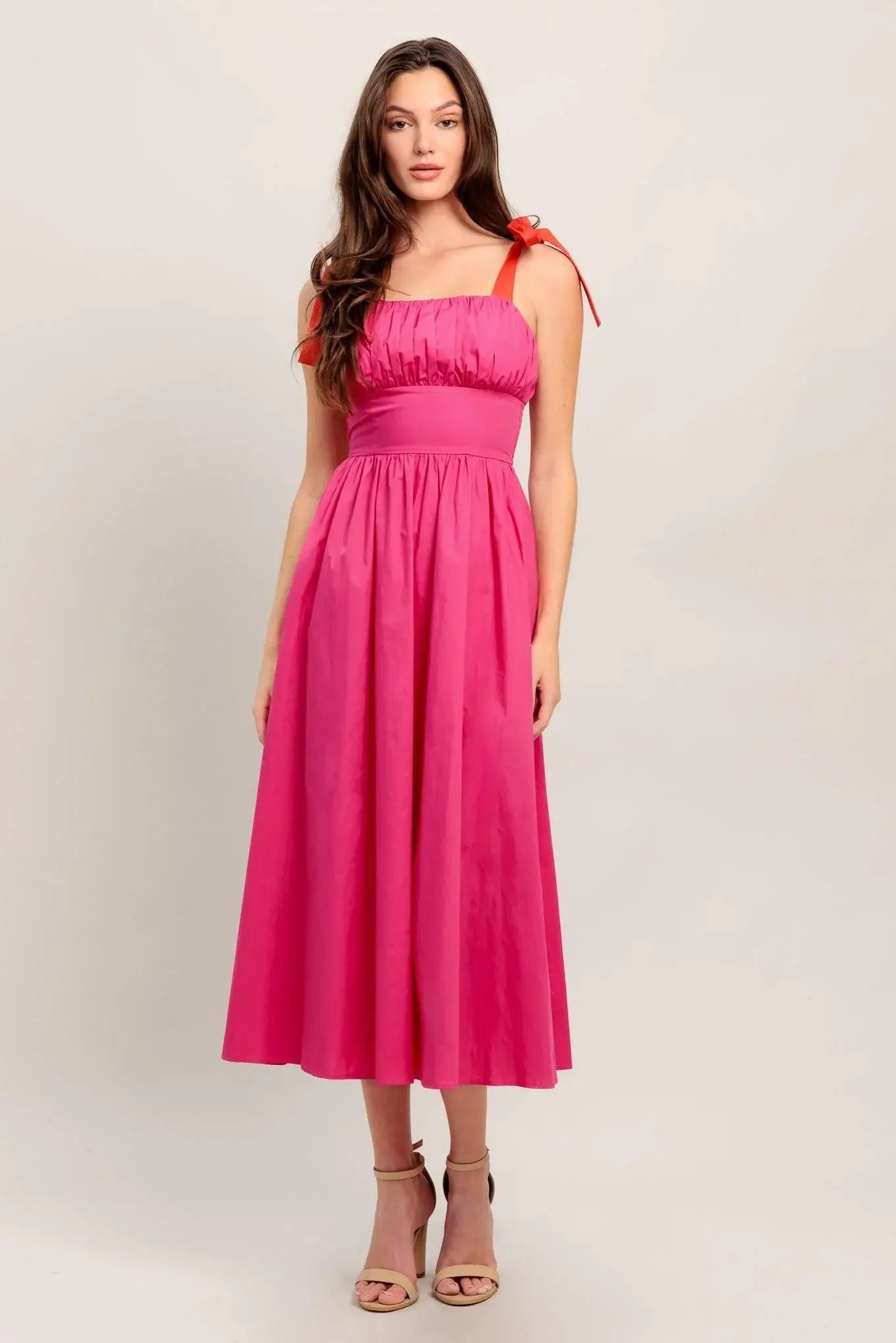 EVENING DELIGHTS FUCHSIA WOVEN MIDI DRESS - Flying Tomato - Flyclothing LLC