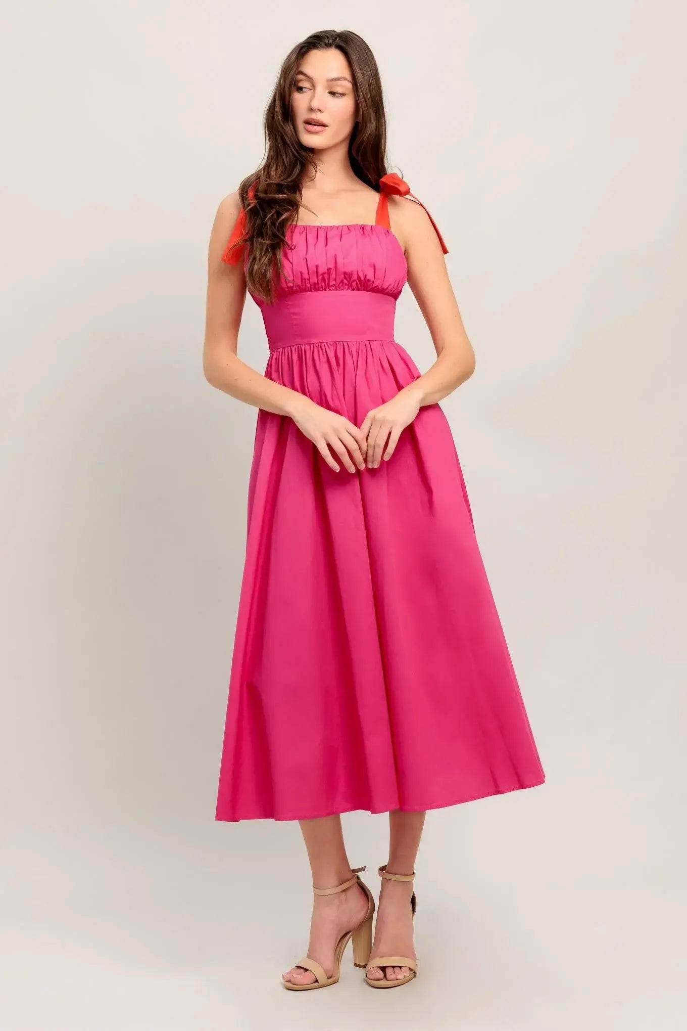 EVENING DELIGHTS FUCHSIA WOVEN MIDI DRESS - Flying Tomato - Flyclothing LLC
