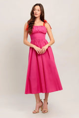 EVENING DELIGHTS FUCHSIA WOVEN MIDI DRESS - Flying Tomato - Flyclothing LLC