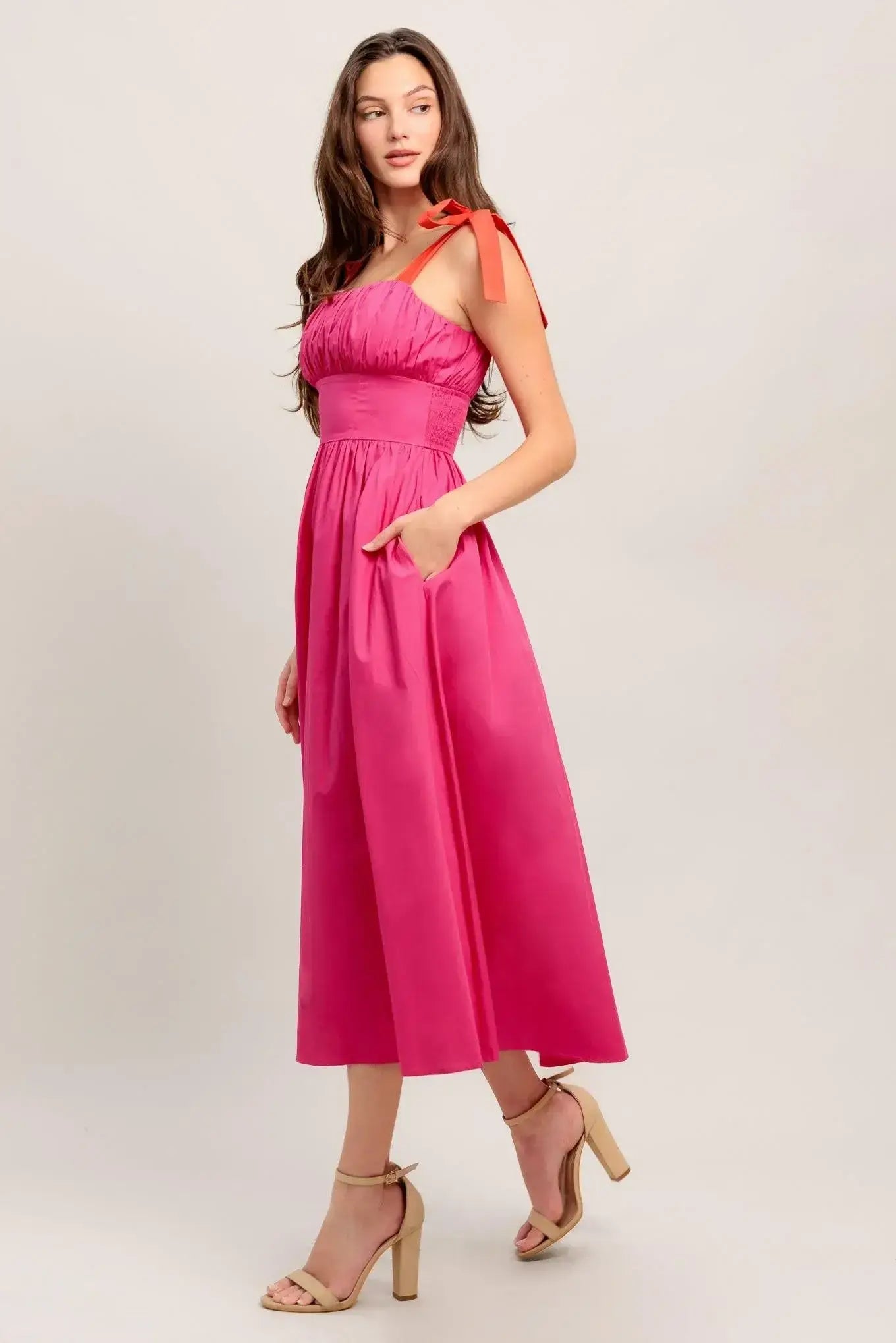 EVENING DELIGHTS FUCHSIA WOVEN MIDI DRESS - Flying Tomato - Flyclothing LLC