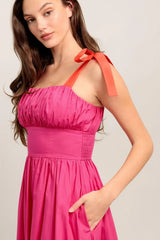 EVENING DELIGHTS FUCHSIA WOVEN MIDI DRESS - Flying Tomato - Flyclothing LLC