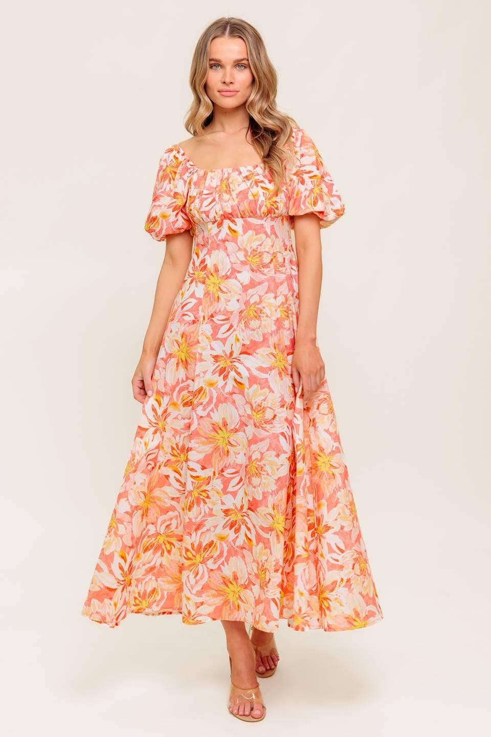 OCEAN FLORALS CORAL WOVEN MIDI DRESS - Flying Tomato - Flyclothing LLC