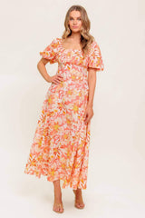 OCEAN FLORALS CORAL WOVEN MIDI DRESS - Flying Tomato - Flyclothing LLC