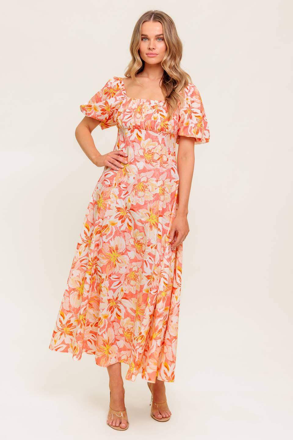 OCEAN FLORALS CORAL WOVEN MIDI DRESS - Flying Tomato - Flyclothing LLC
