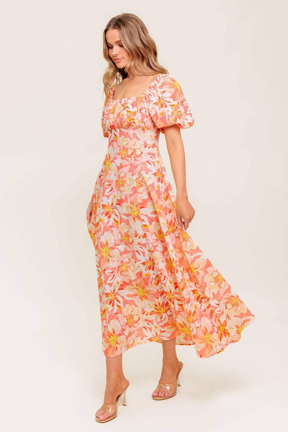 OCEAN FLORALS CORAL WOVEN MIDI DRESS - Flying Tomato - Flyclothing LLC