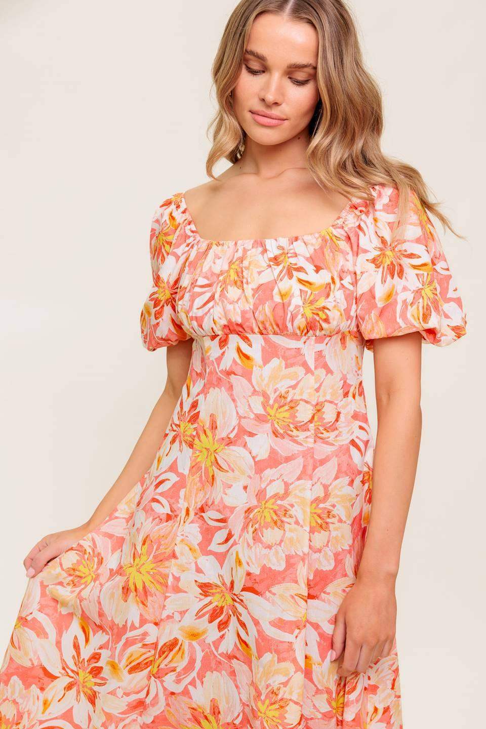 OCEAN FLORALS CORAL WOVEN MIDI DRESS - Flying Tomato - Flyclothing LLC