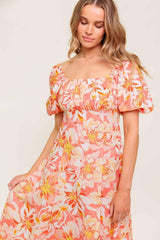 OCEAN FLORALS CORAL WOVEN MIDI DRESS - Flying Tomato - Flyclothing LLC